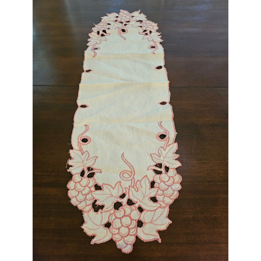 Table Runner 36in Cream Pink Grape Vine Embroidered Cutwork